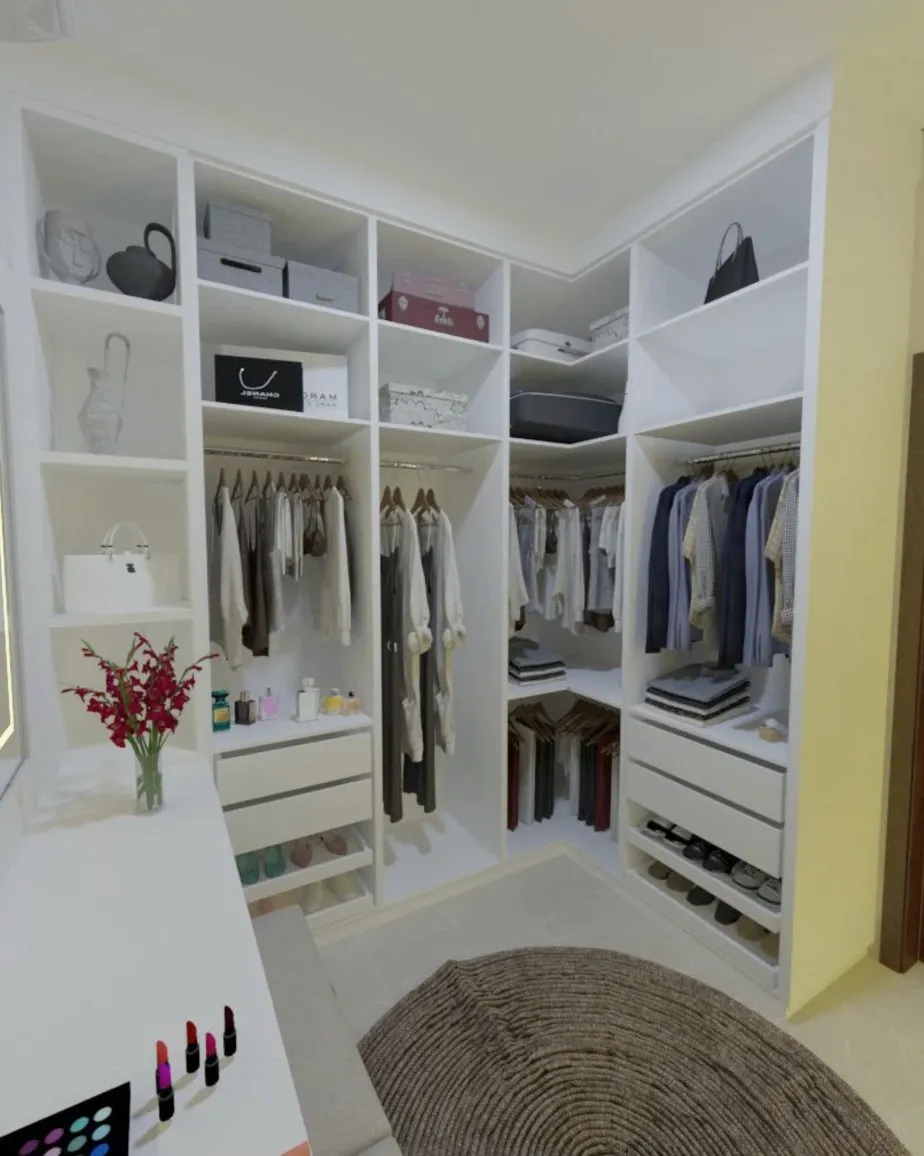 Projeto 3D de closet planejado branco em L, com prateleiras, cabideiros, gavetas e sapateira